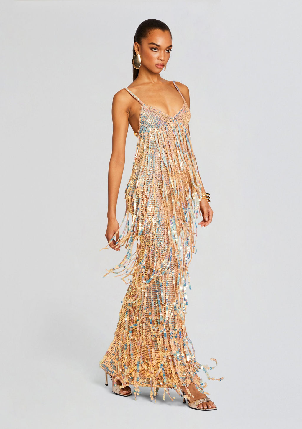 Mevia Sequin Fringe Crochet Dress