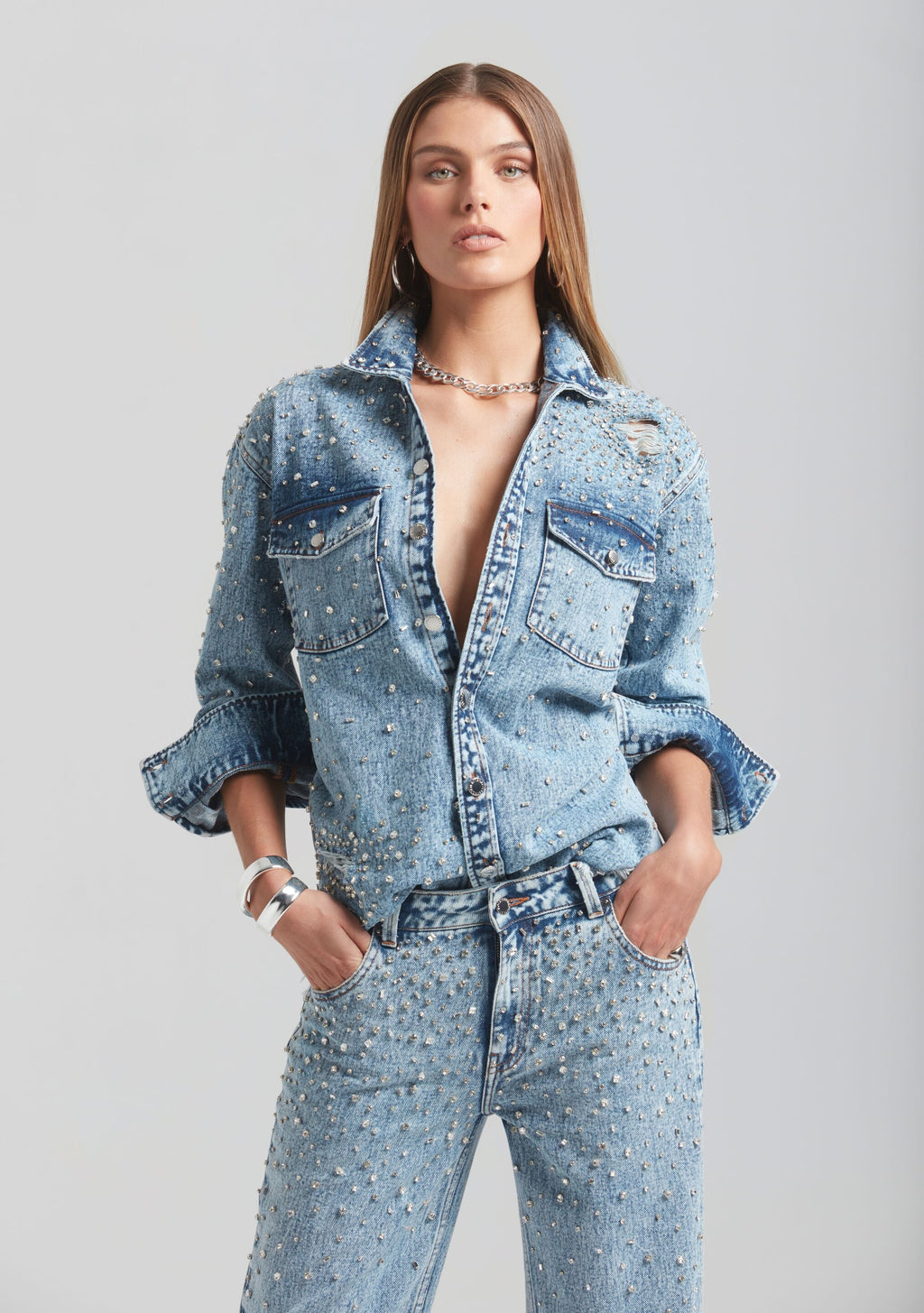 Doreen Crystal Embellished Denim Shirt